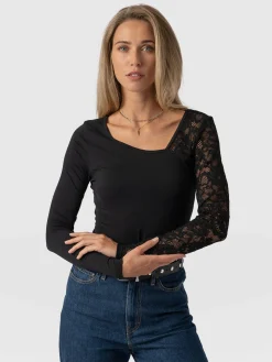 Clearance Saint and Sofia Aimee Cut Out Long Sleeve Tee - Black Lace