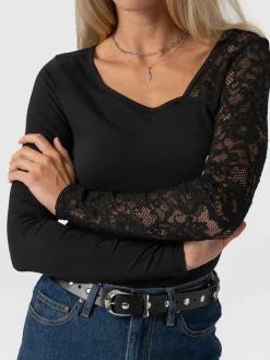 Clearance Saint and Sofia Aimee Cut Out Long Sleeve Tee - Black Lace