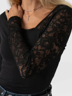 Clearance Saint and Sofia Aimee Cut Out Long Sleeve Tee - Black Lace