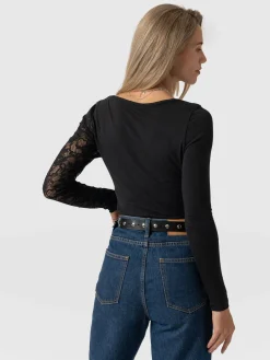 Clearance Saint and Sofia Aimee Cut Out Long Sleeve Tee - Black Lace