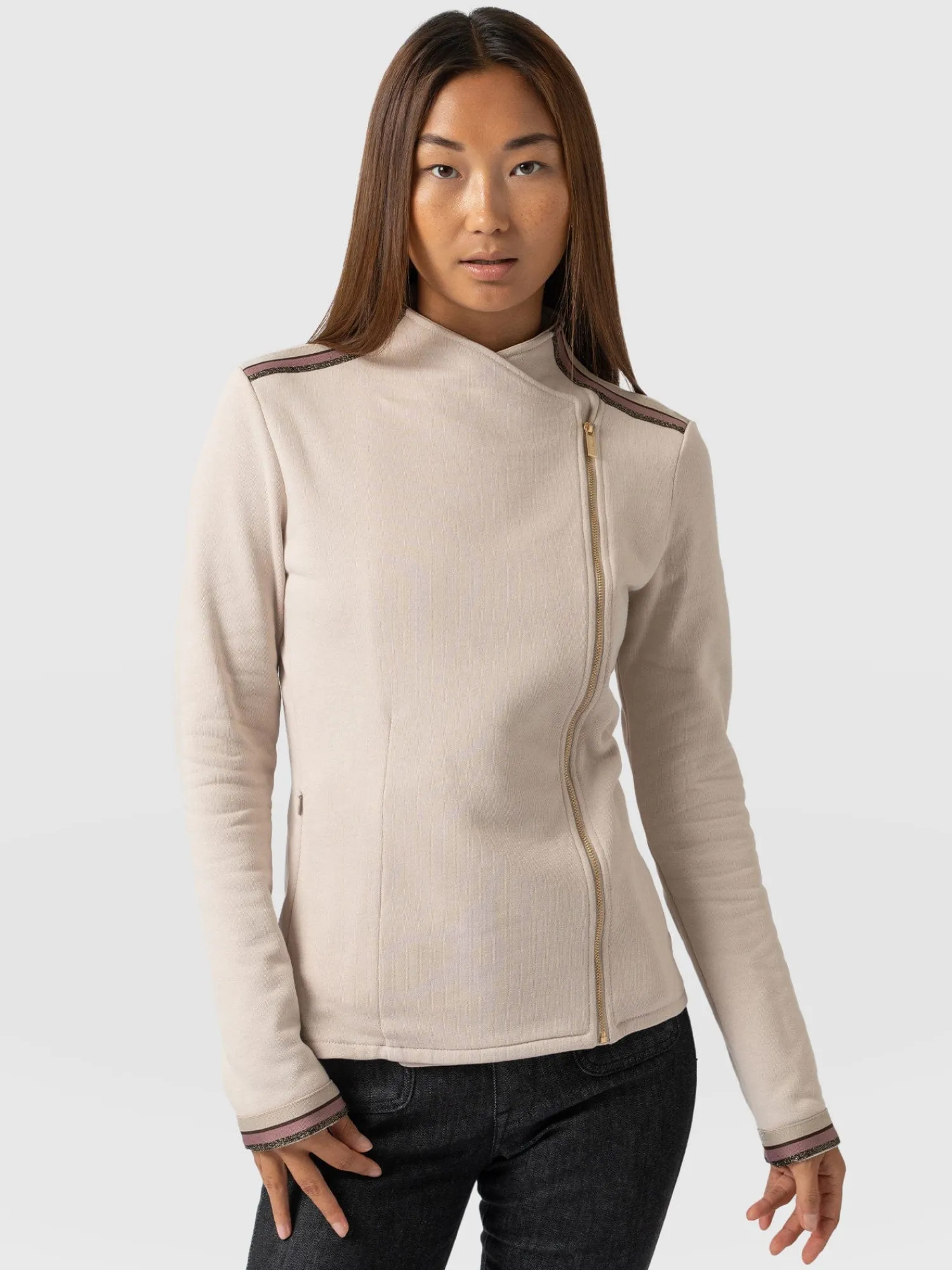 Clearance Saint and Sofia Cotton Biker Jacket - Light Beige - Gold Lurex Stripe