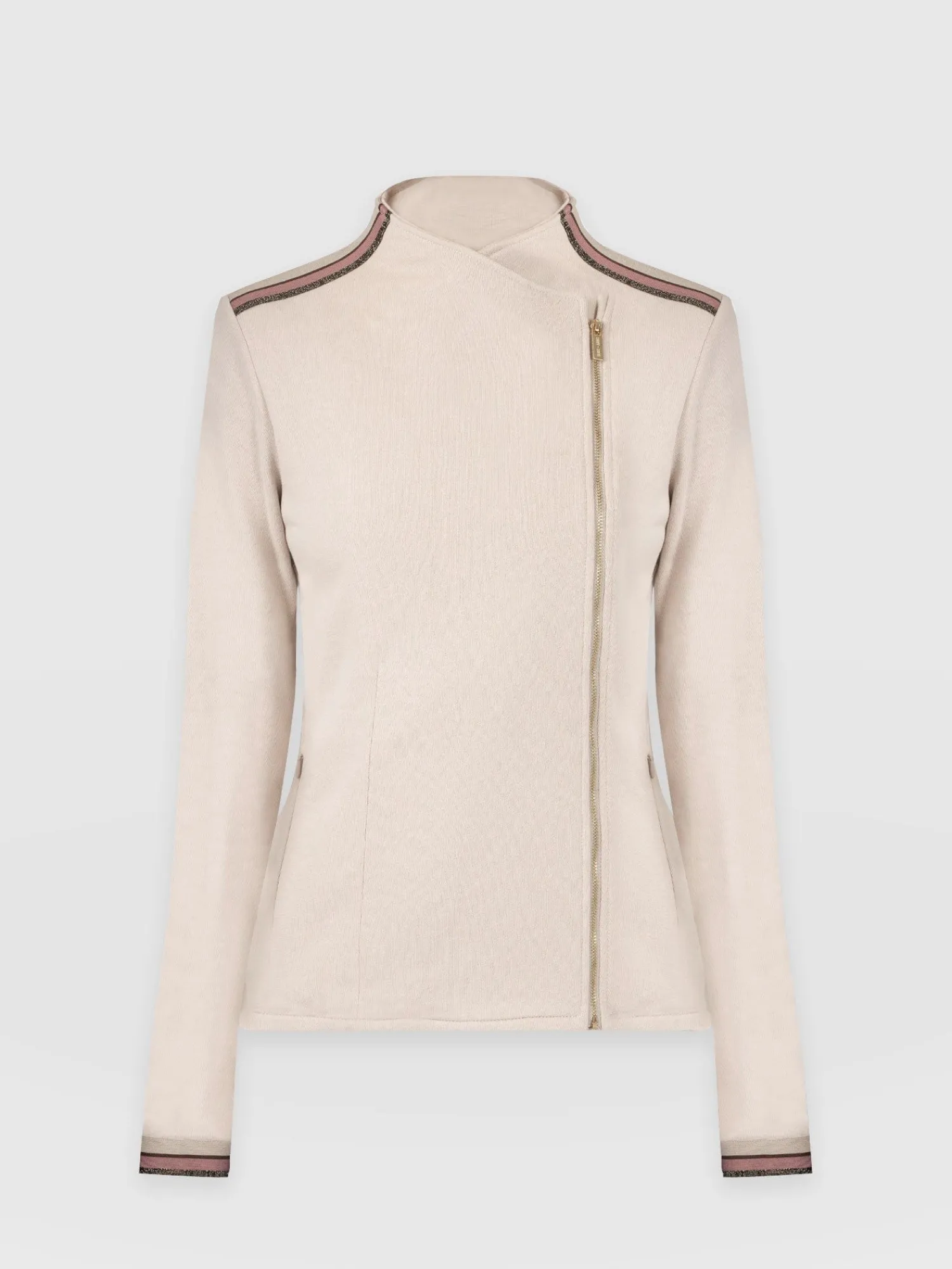 Clearance Saint and Sofia Cotton Biker Jacket - Light Beige - Gold Lurex Stripe