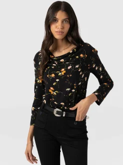 Fashion Saint and Sofia Cowl Neck Tee Long Sleeve - Black Floral