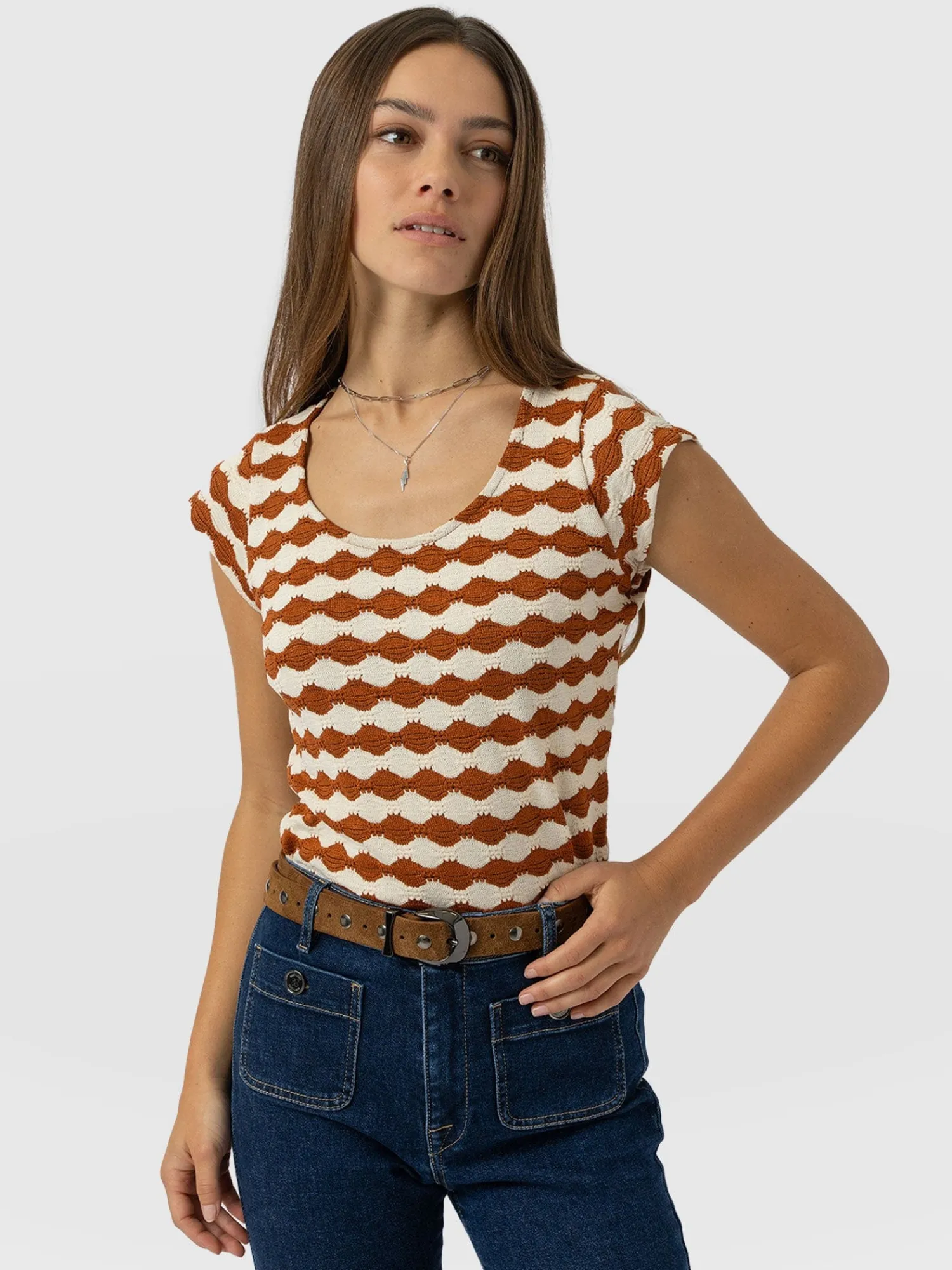 Hot Saint and Sofia Elise Scoop Neck Tee - Brown/Cream