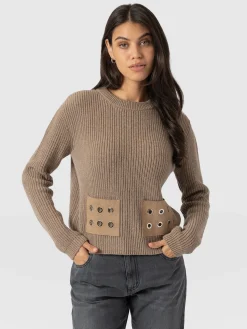 Clearance Saint and Sofia Eyelet Rib Knit Sweater - Mocha