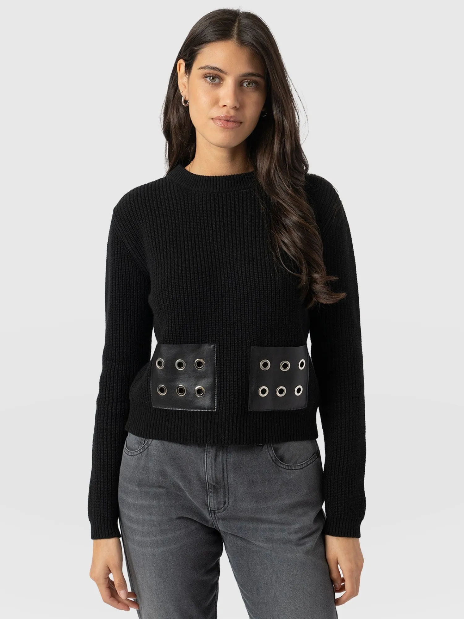 Discount Saint and Sofia Eyelet Rib Knit Sweater - Black