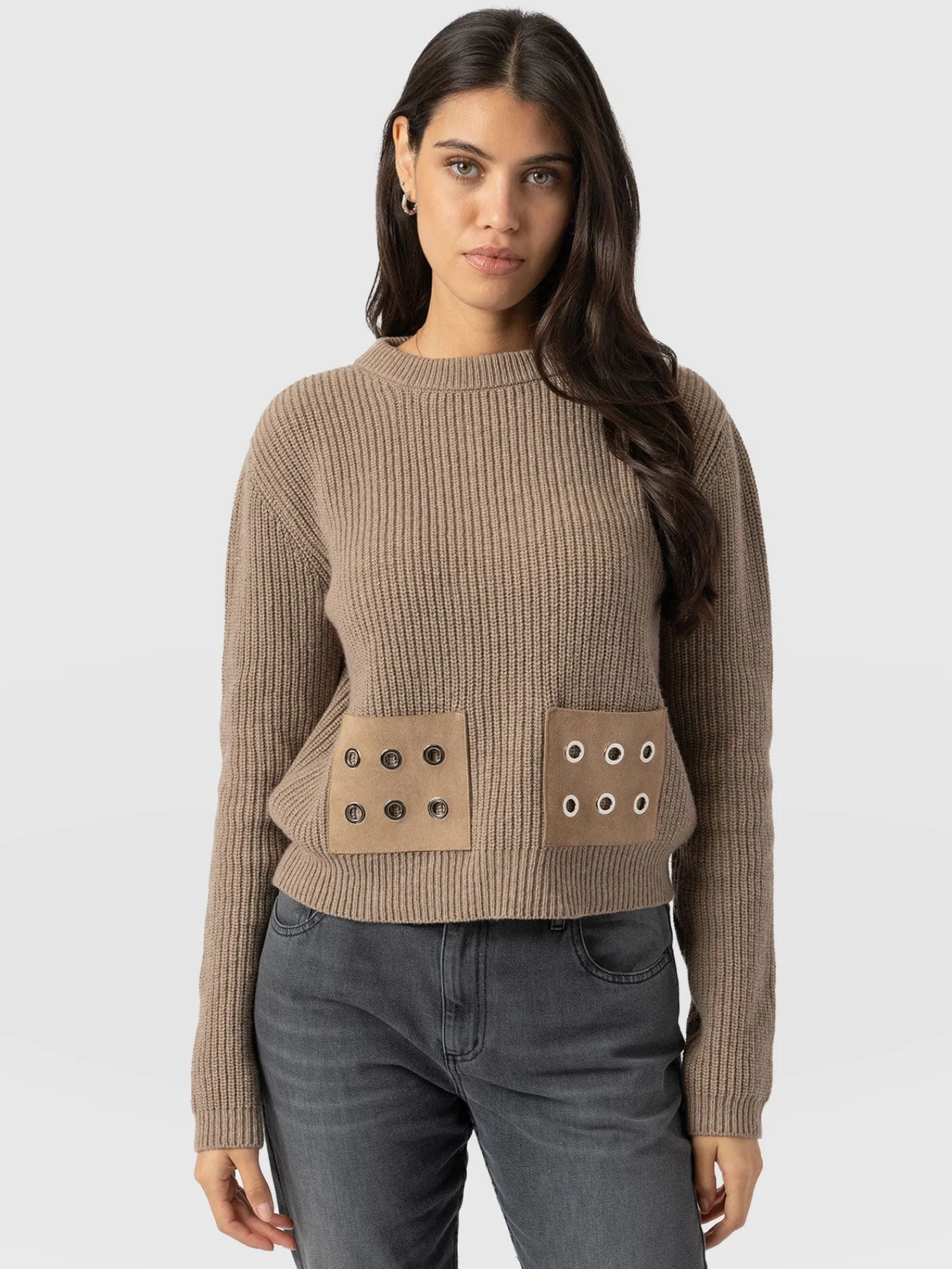 Clearance Saint and Sofia Eyelet Rib Knit Sweater - Mocha