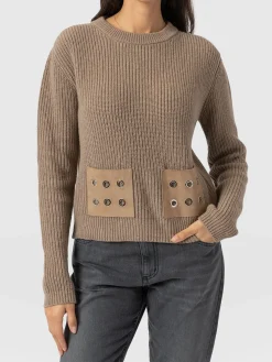 Clearance Saint and Sofia Eyelet Rib Knit Sweater - Mocha