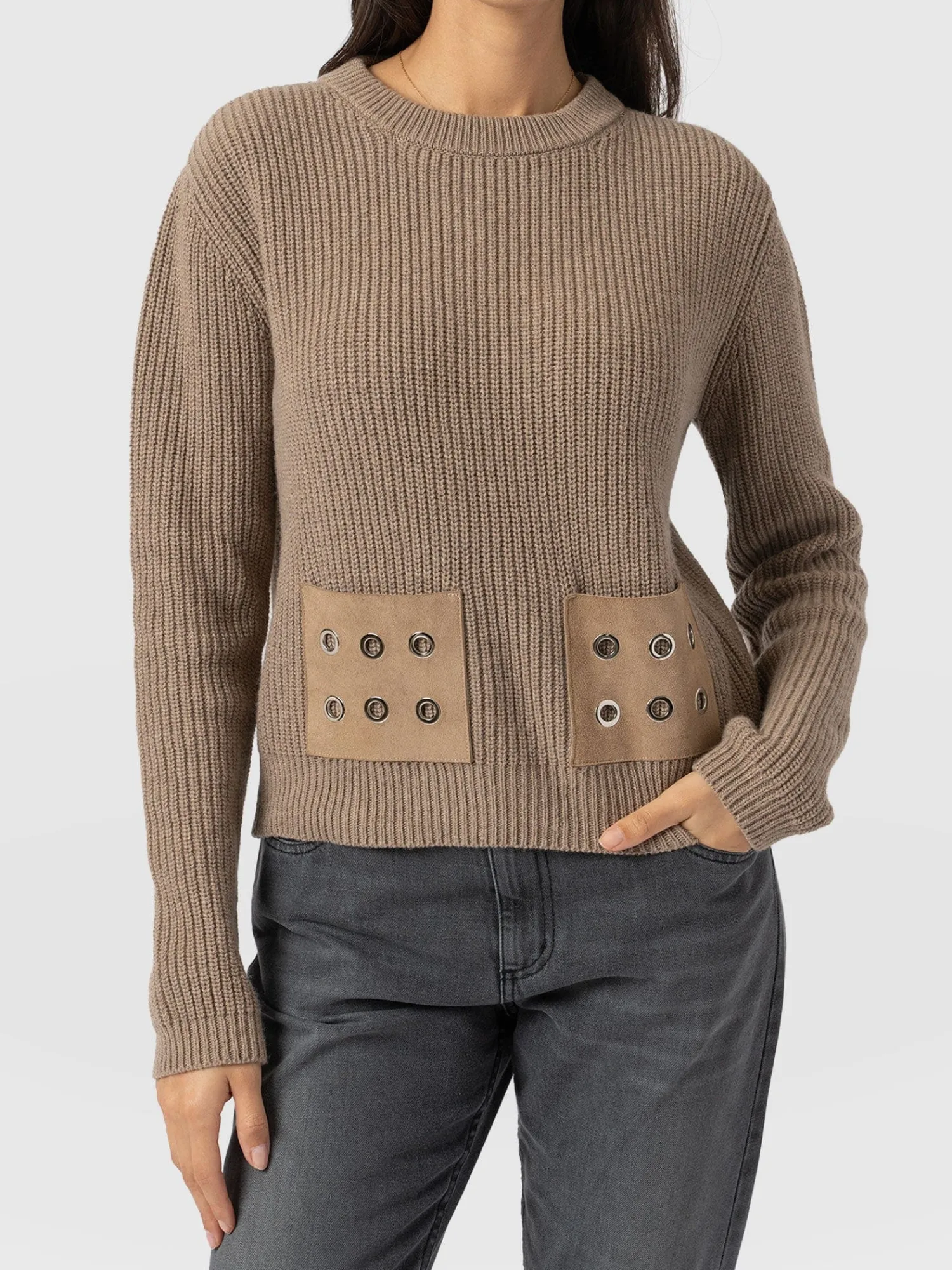 Clearance Saint and Sofia Eyelet Rib Knit Sweater - Mocha