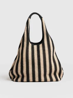 New Saint and Sofia Large Stella Shoulder Tote Bag - Beige/Black Raffia