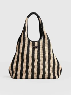 New Saint and Sofia Large Stella Shoulder Tote Bag - Beige/Black Raffia