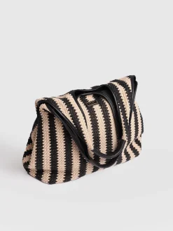 New Saint and Sofia Large Stella Shoulder Tote Bag - Beige/Black Raffia