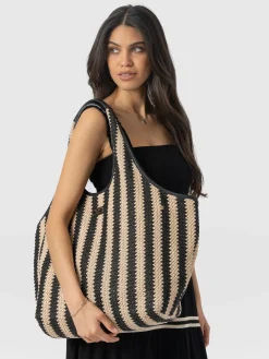 New Saint and Sofia Large Stella Shoulder Tote Bag - Beige/Black Raffia