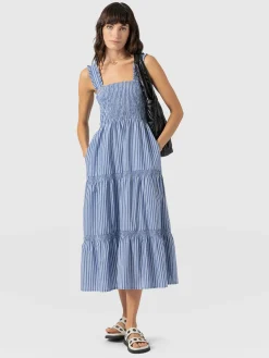 Fashion Saint and Sofia Maya Shirring Dress - Blue Stripe