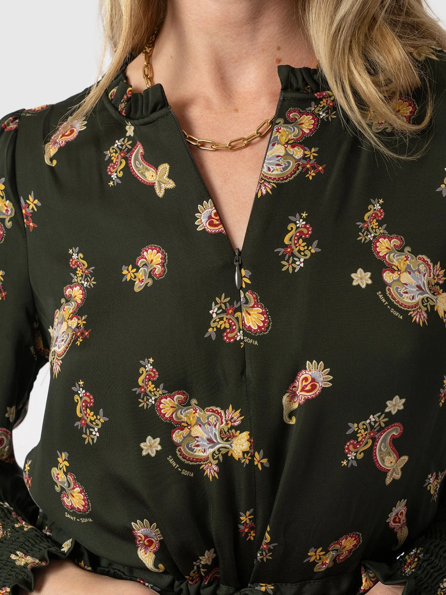 Outlet Saint and Sofia Mini Olivia Zip Up Dress - Khaki Paisley