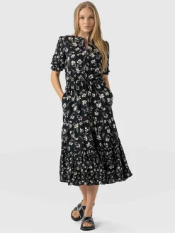 Online Saint and Sofia Olivia Zip Up Short Sleeve Dress - Black Spring Floral