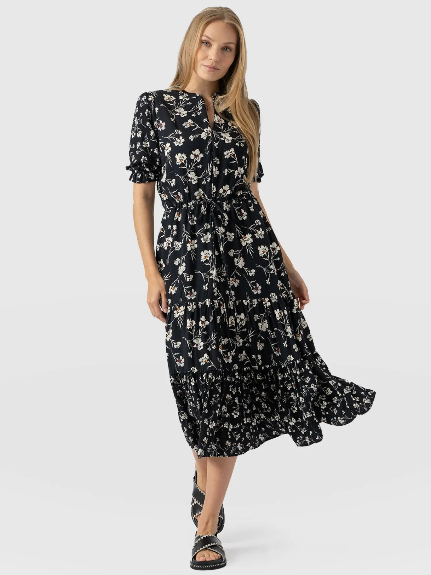 Online Saint and Sofia Olivia Zip Up Short Sleeve Dress - Black Spring Floral