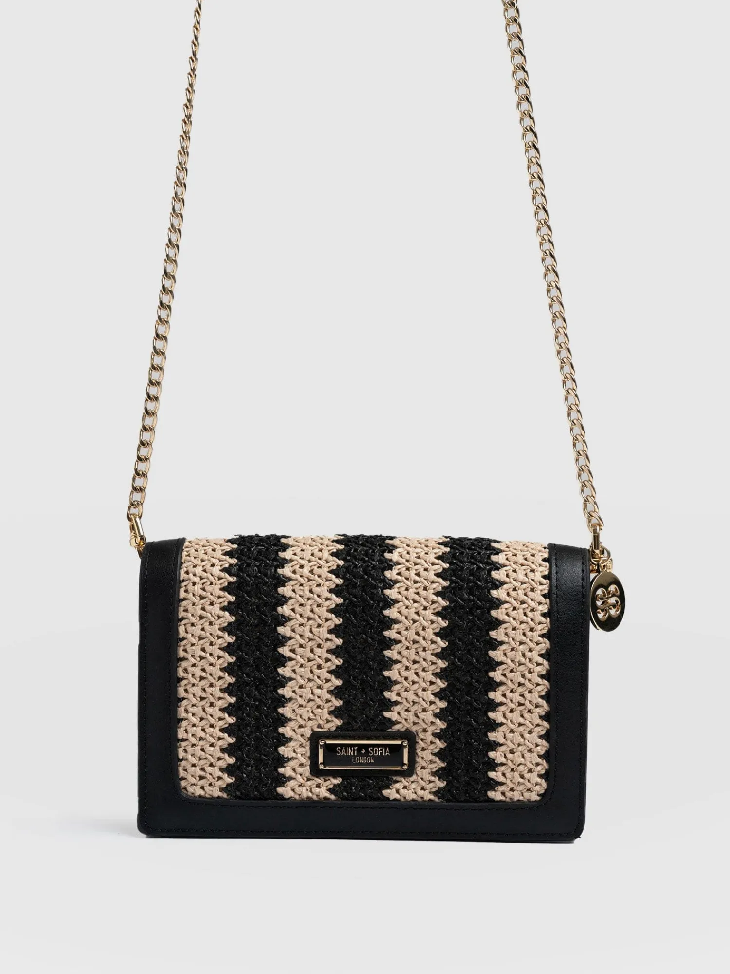 Clearance Saint and Sofia Primrose Wallet on Chain - Beige/Black Raffia