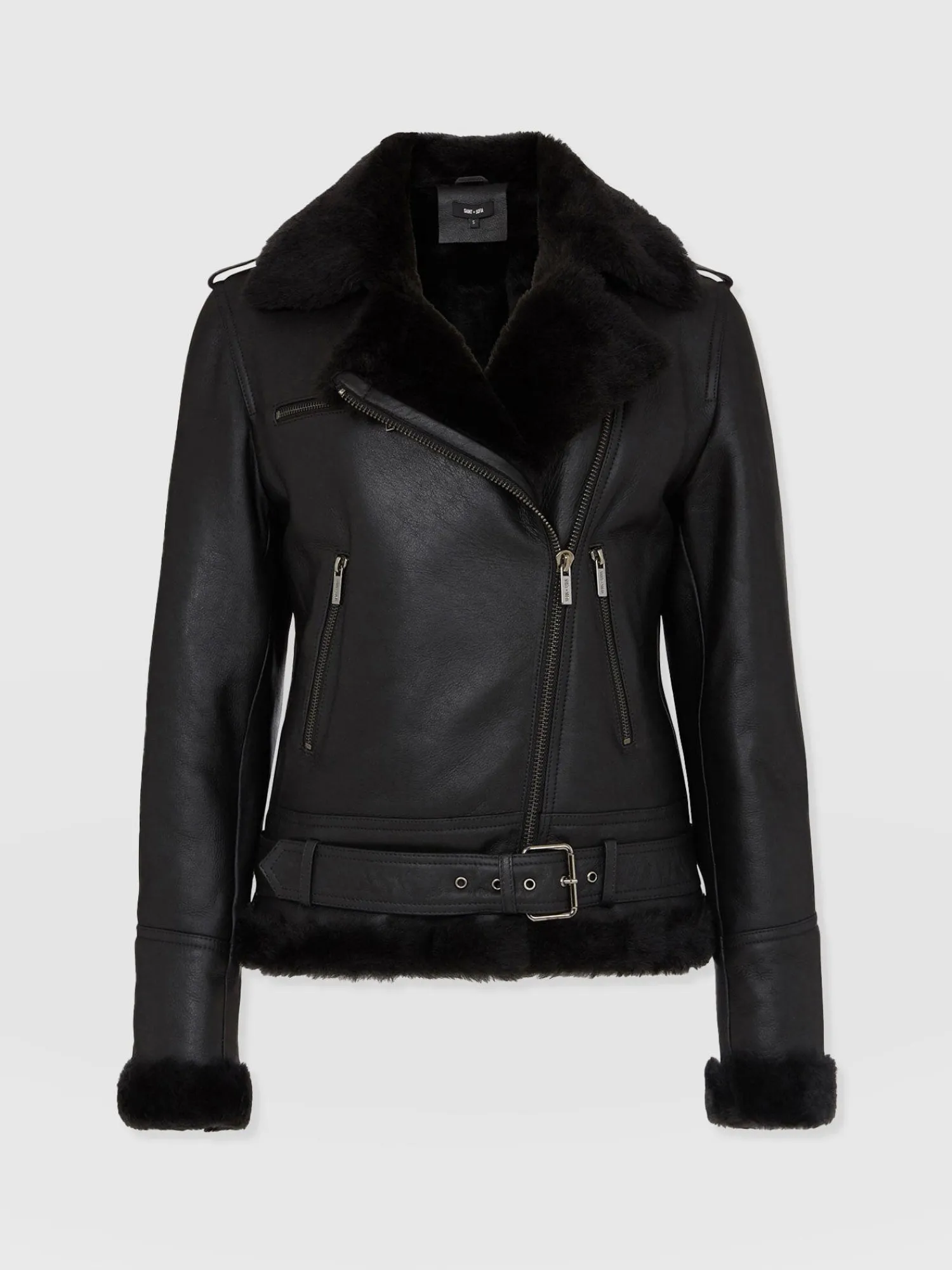 Discount Saint and Sofia Spitfire Shearling Jacket - Black