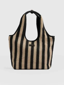 Discount Saint and Sofia Stella Shoulder Tote Bag - Beige/Black Raffia
