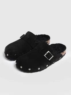 New Saint and Sofia Studded Clogs - Black Shearling