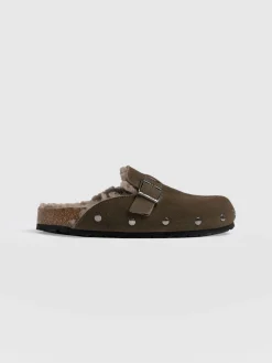 Fashion Saint and Sofia Studded Clogs - Khaki Shearling