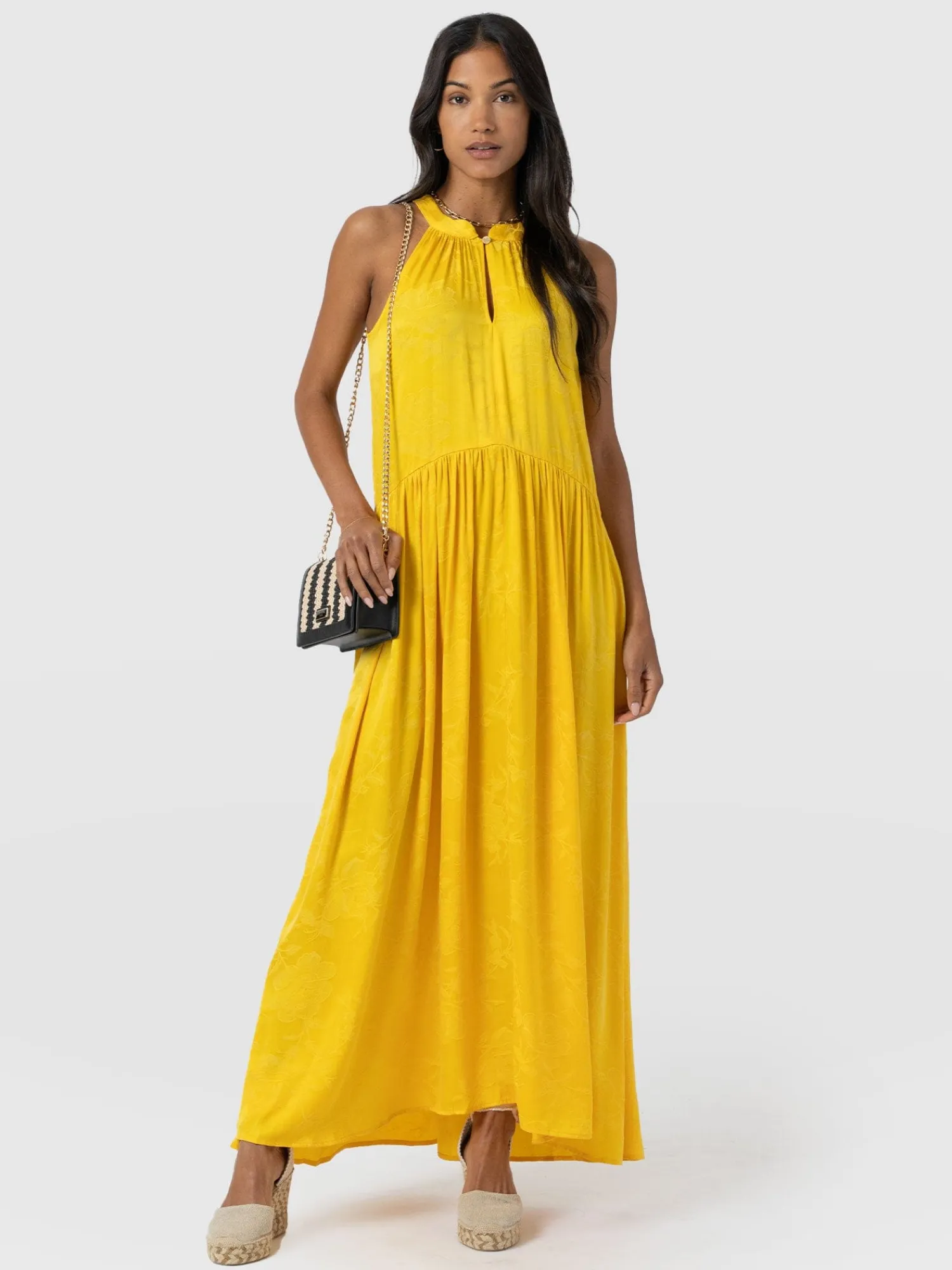 Hot Saint and Sofia Zoey Halter Neck Dress - Yellow Jacquard