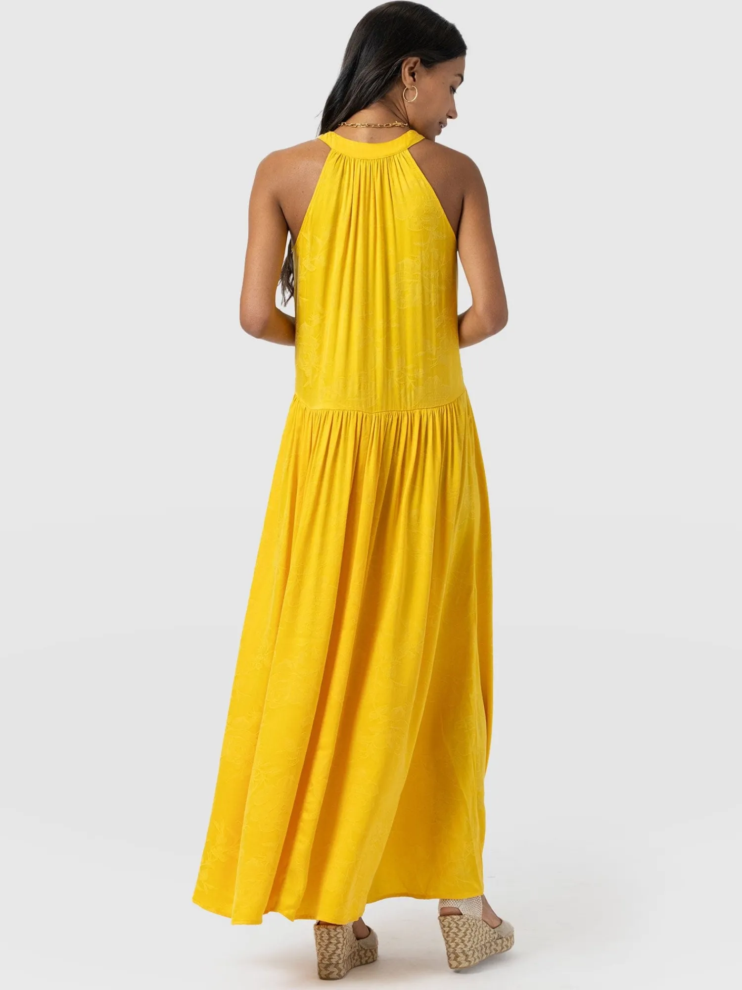 Hot Saint and Sofia Zoey Halter Neck Dress - Yellow Jacquard