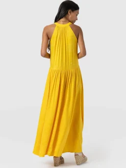 Hot Saint and Sofia Zoey Halter Neck Dress - Yellow Jacquard