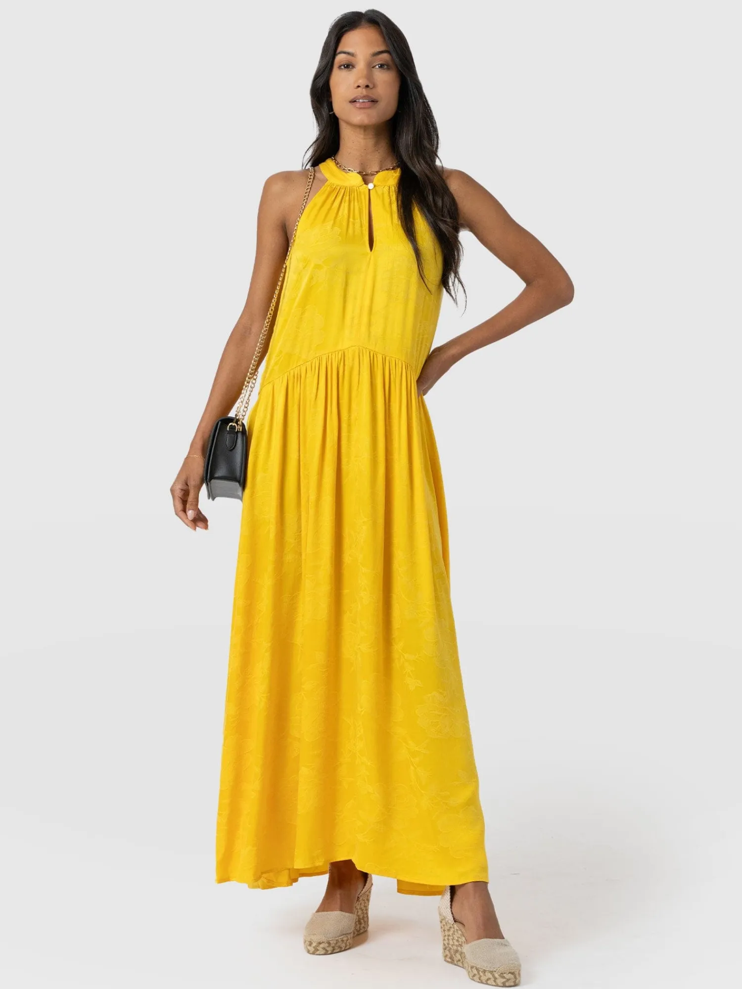 Hot Saint and Sofia Zoey Halter Neck Dress - Yellow Jacquard
